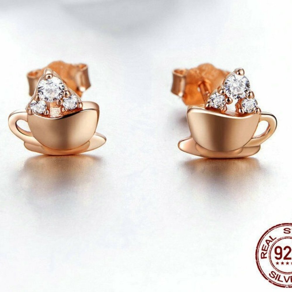 Delighful Coffee Cup  Rose Gold Stud Earrings 925% Sterling silver With CZ